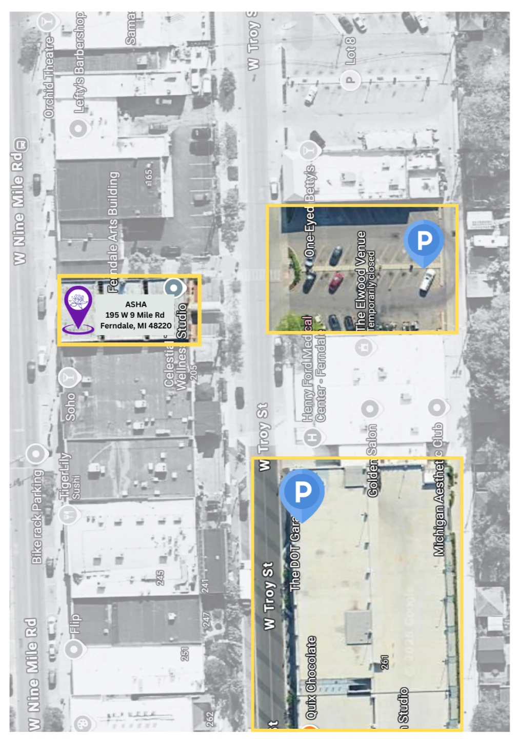 Map showing ASHA at 195 W 9 Mile Rd Suite 101, Ferndale, Michigan, with parking marked