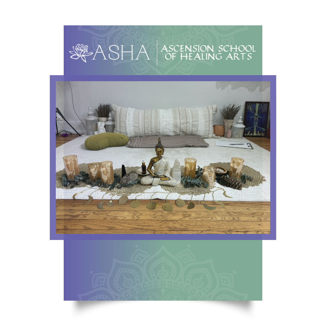 Singing bowls, crystals and sound-healing instruments laid out on the studio floor