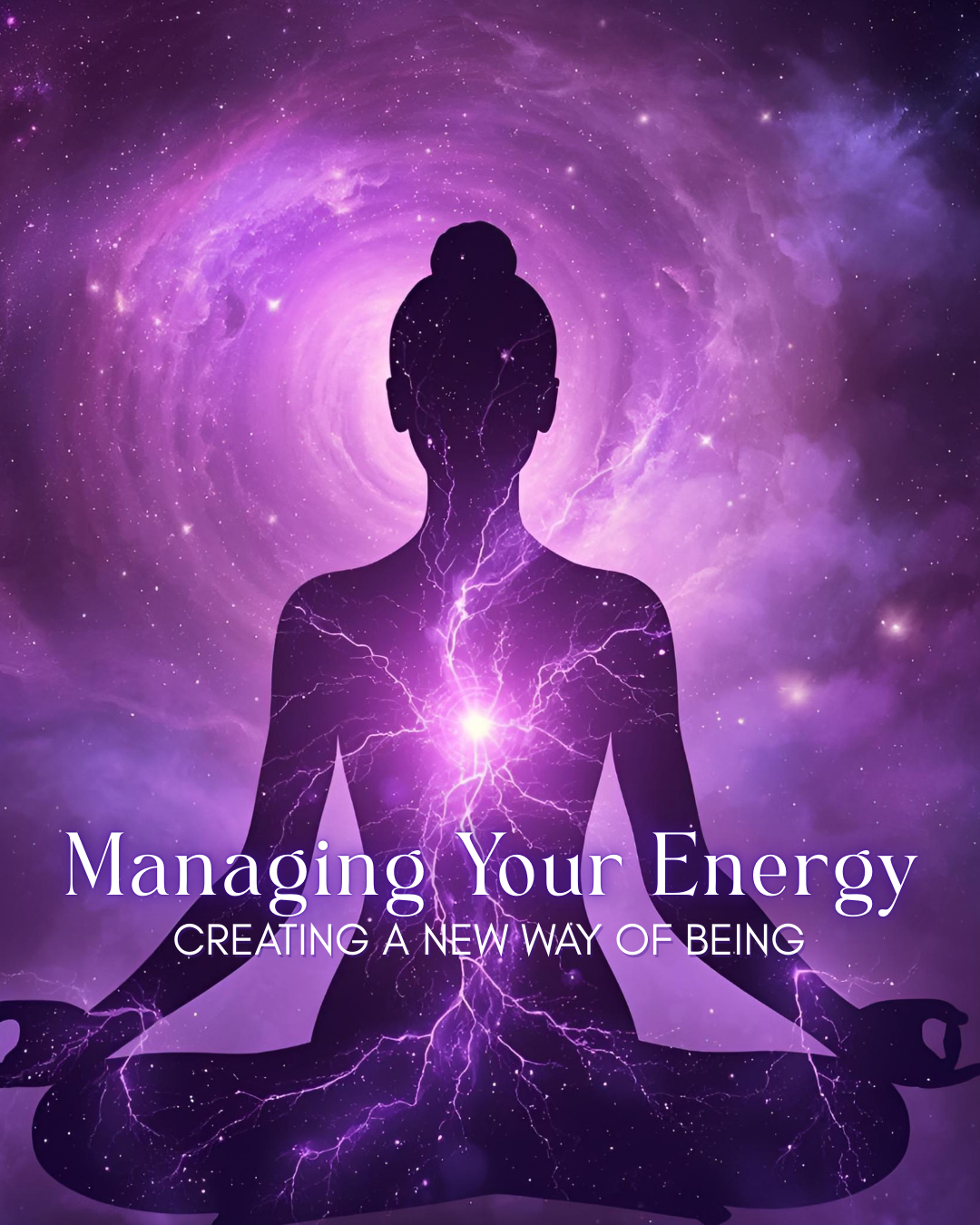 Managing Your Energy course cover: a seated figure in meditation surrounded by violet light