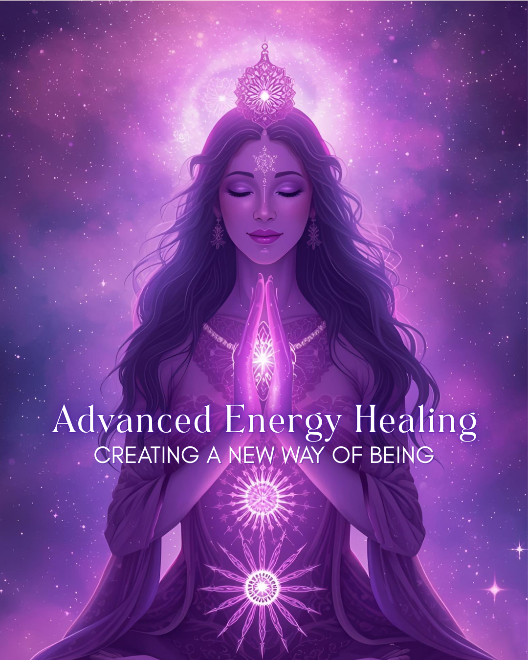 Advanced Energy Healing course cover: a figure with an illuminated crown chakra and radiating energy