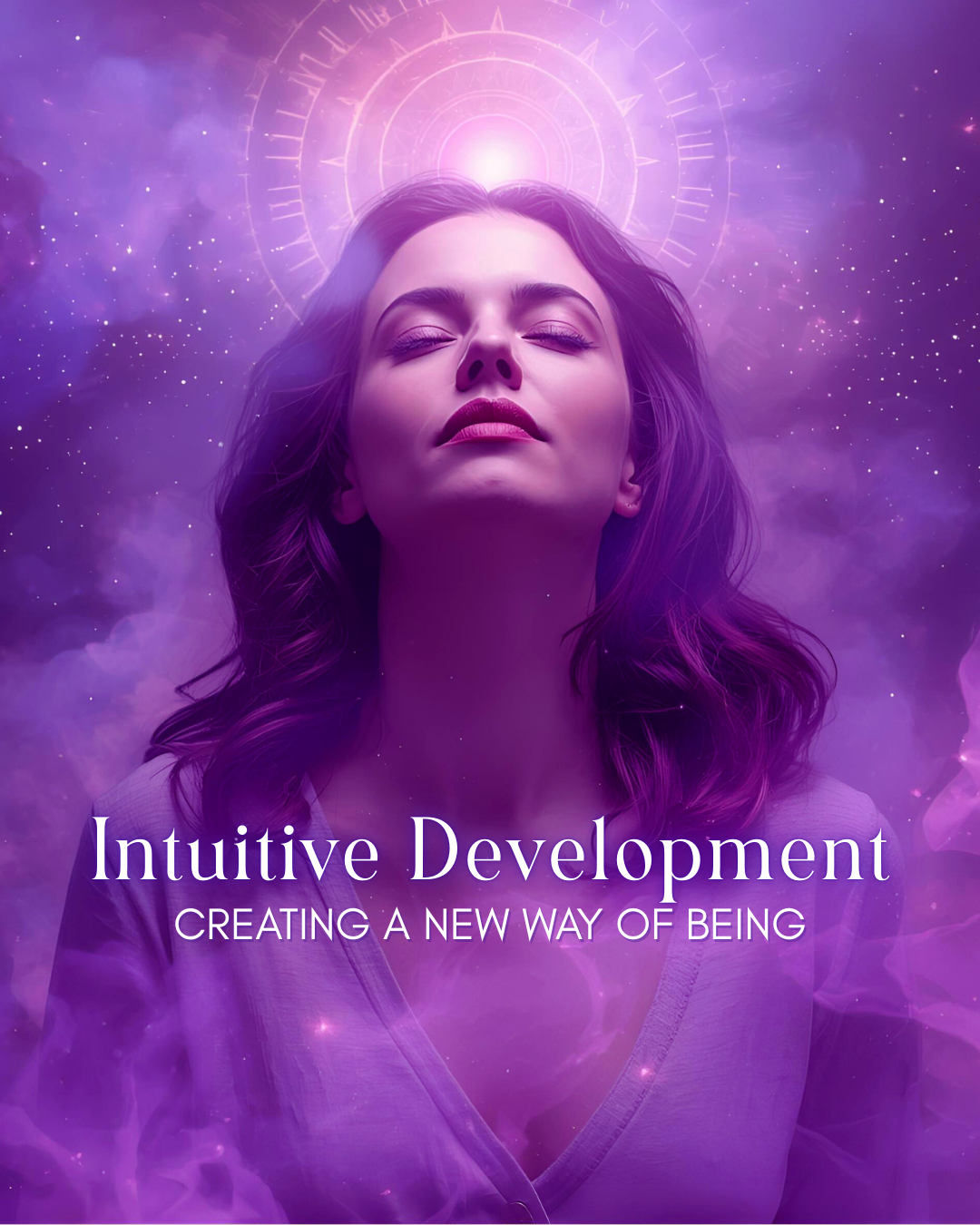 Intuitive Development course cover: a woman with her eyes closed bathed in violet light