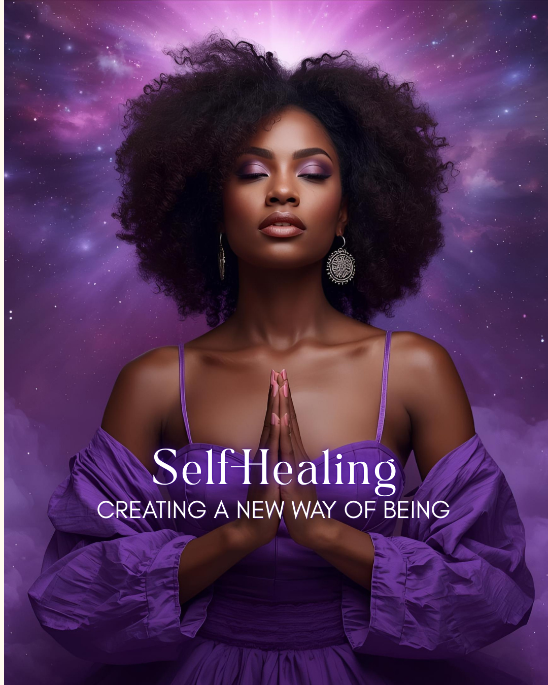 Self Healing course cover: a woman with her hands over her heart in violet light