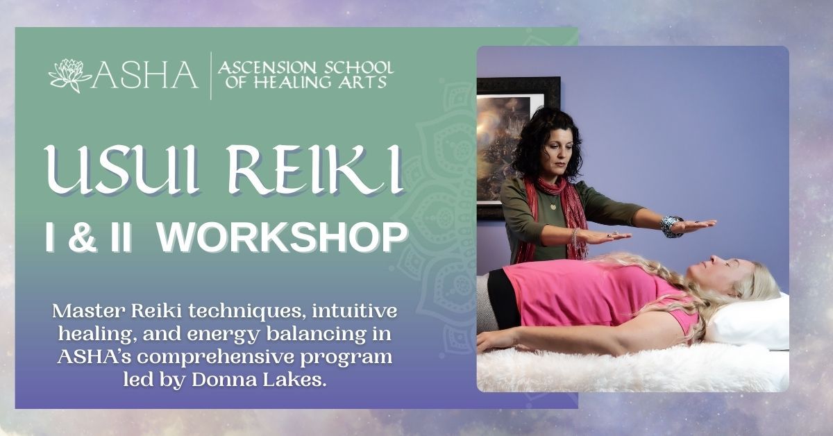 Usui Reiki I and II Workshop banner: Donna Lakes holding her hands above a client resting on a treatment table