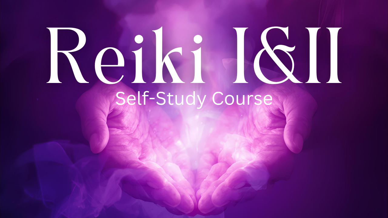 Reiki I&II Self-Study Course cover: glowing cupped hands in violet light