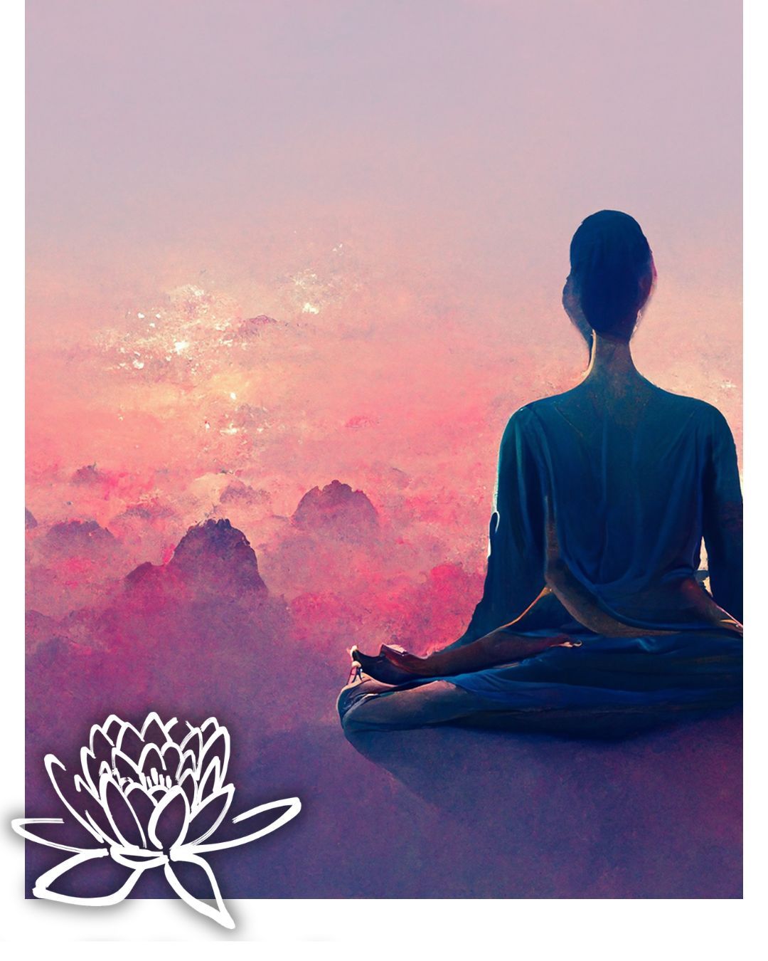 A woman meditating above a sea of pink clouds beside a white lotus