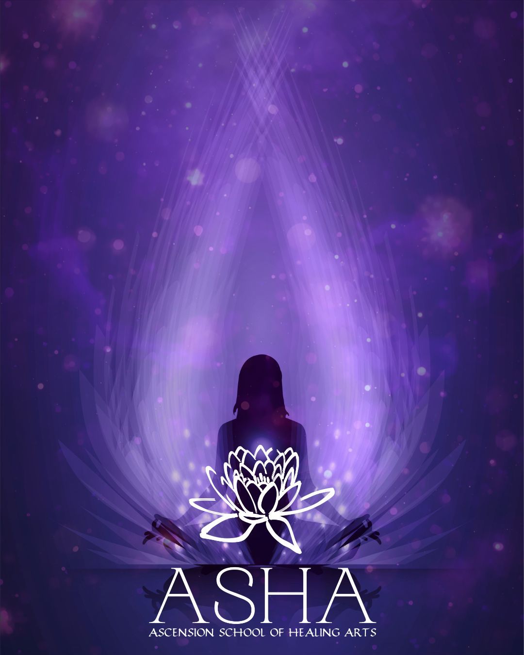A seated figure in violet light above a white lotus and the ASHA logo